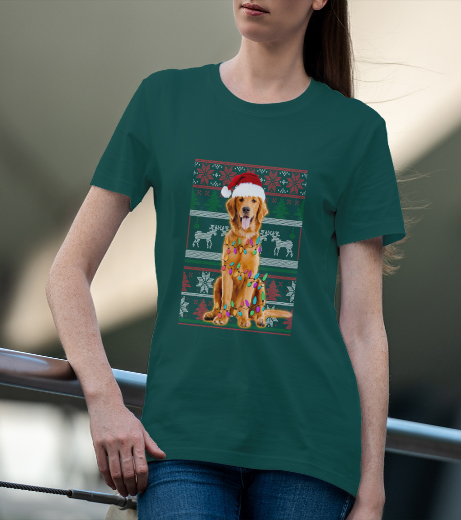 Golden Retriever Christmas Santa Hat Lights Holiday T-Shirt