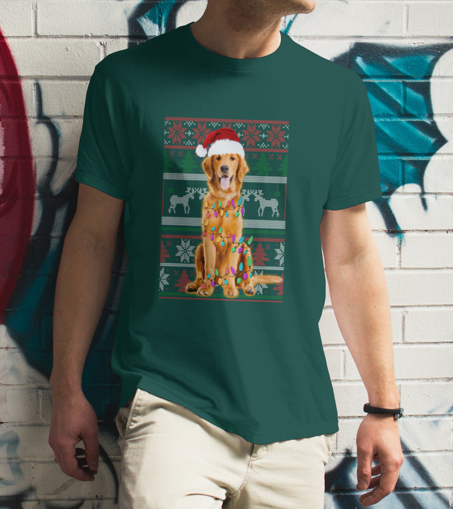 Golden Retriever Christmas Santa Hat Lights Holiday T-Shirt
