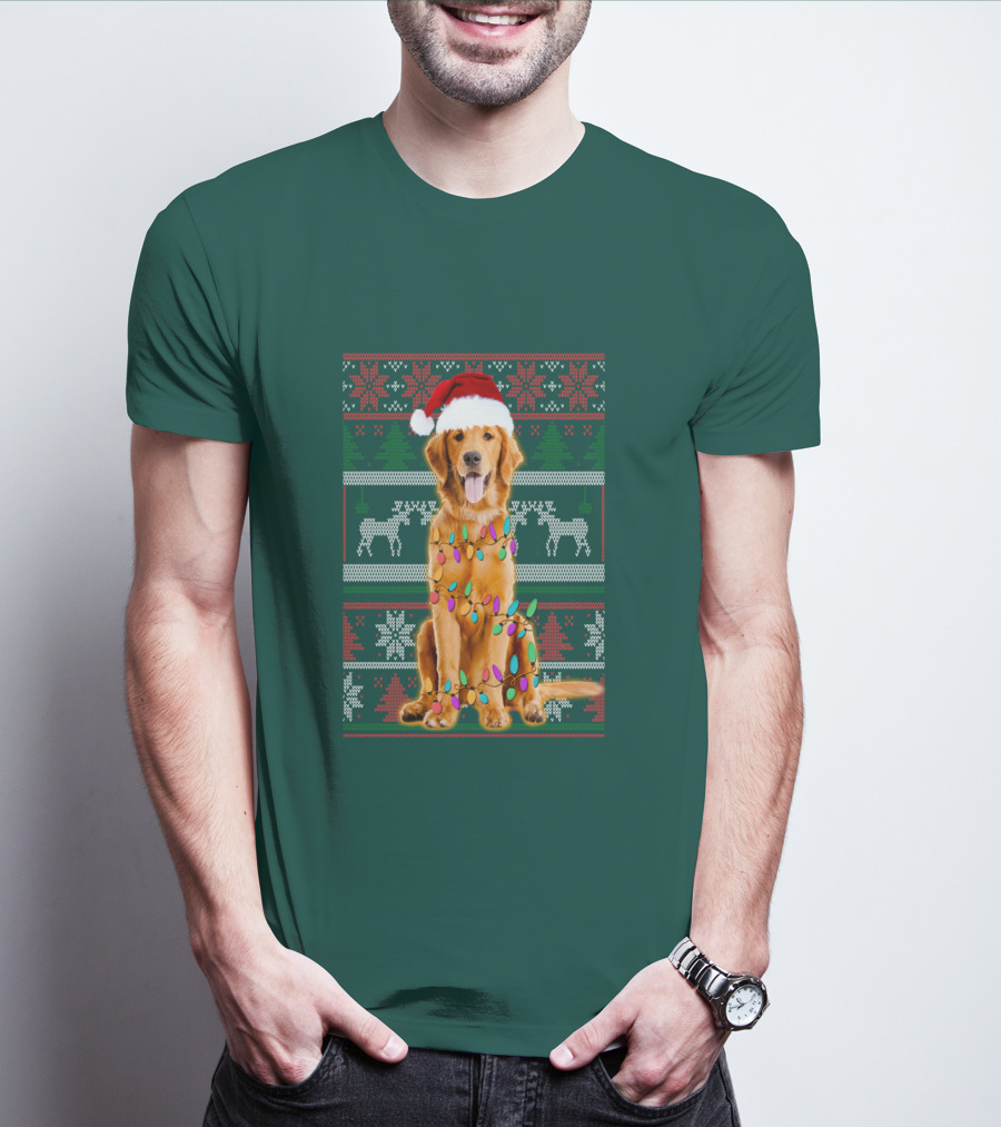 Golden Retriever Christmas Santa Hat Lights Holiday T-Shirt