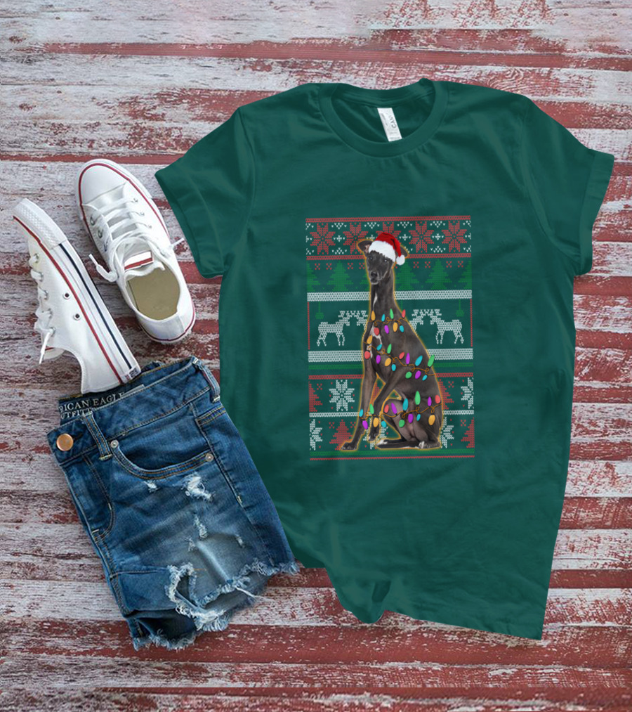 Greyhound Christmas Santa Hat And Lights Ugly T-Shirt
