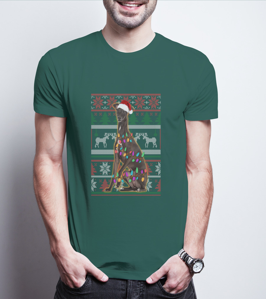 Greyhound Christmas Santa Hat And Lights Ugly T-Shirt