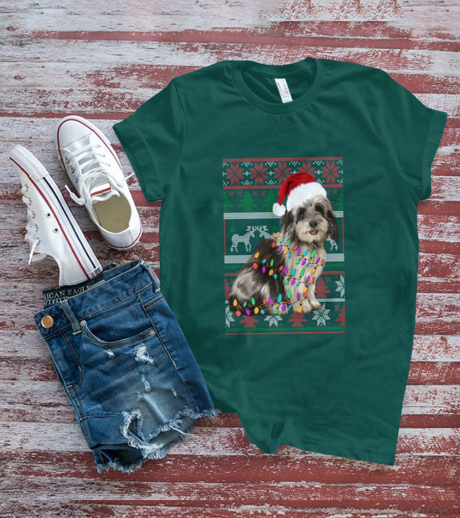 Havanese Festive Christmas Lights Santa Hat Ugly T-Shirt