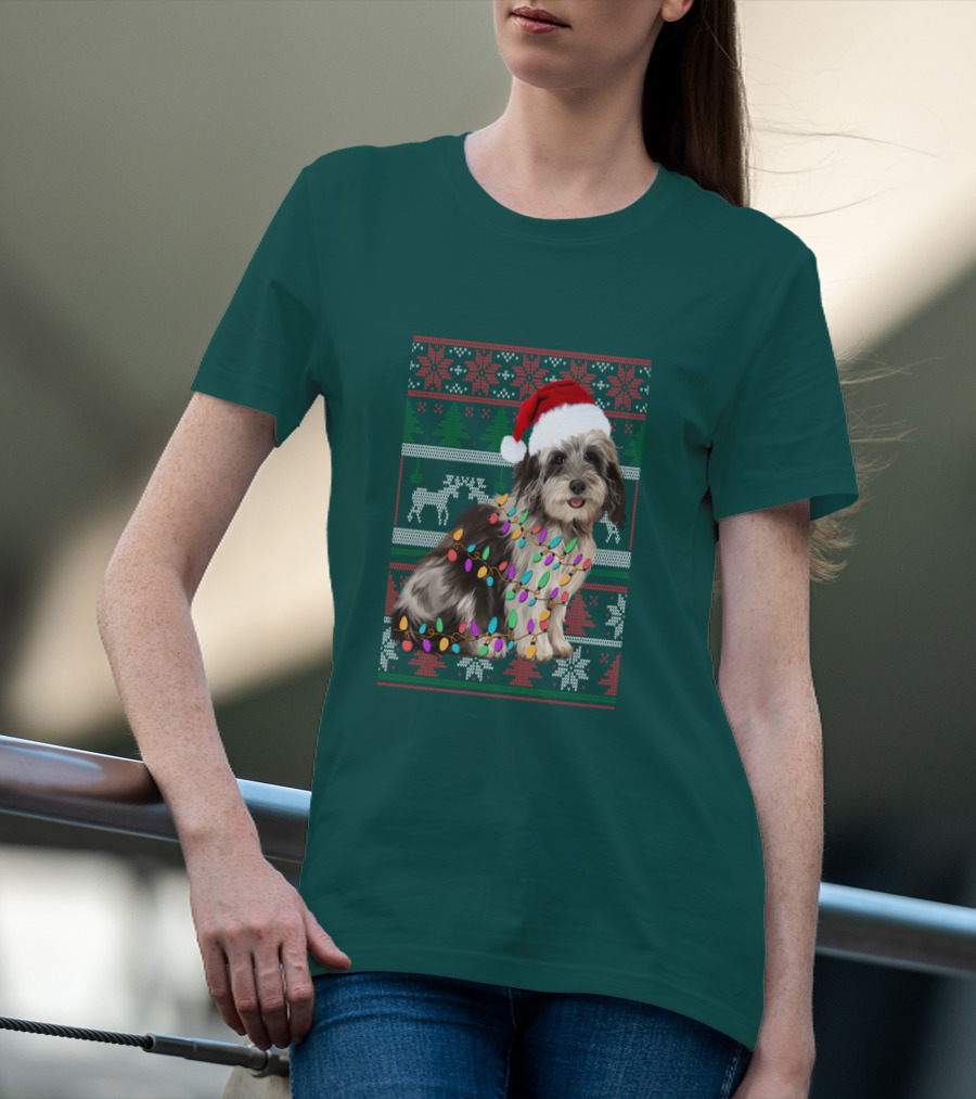 Havanese Festive Christmas Lights Santa Hat Ugly T-Shirt