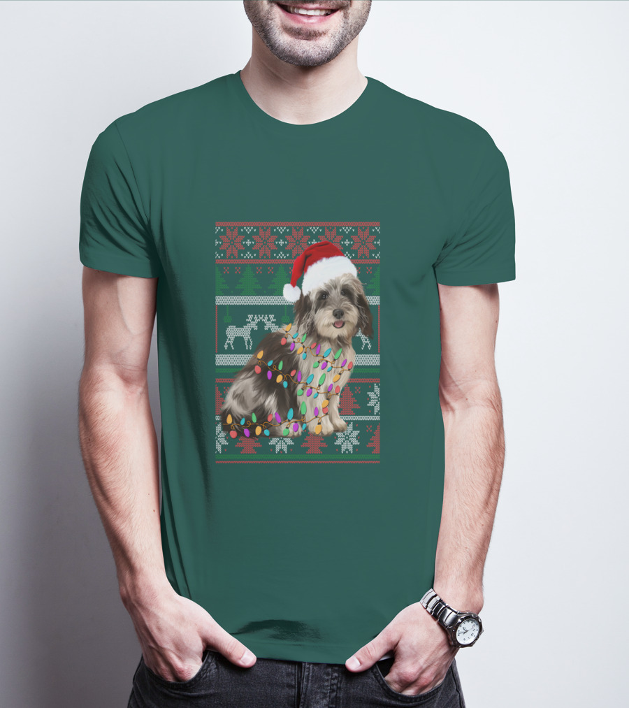 Havanese Festive Christmas Lights Santa Hat Ugly T-Shirt