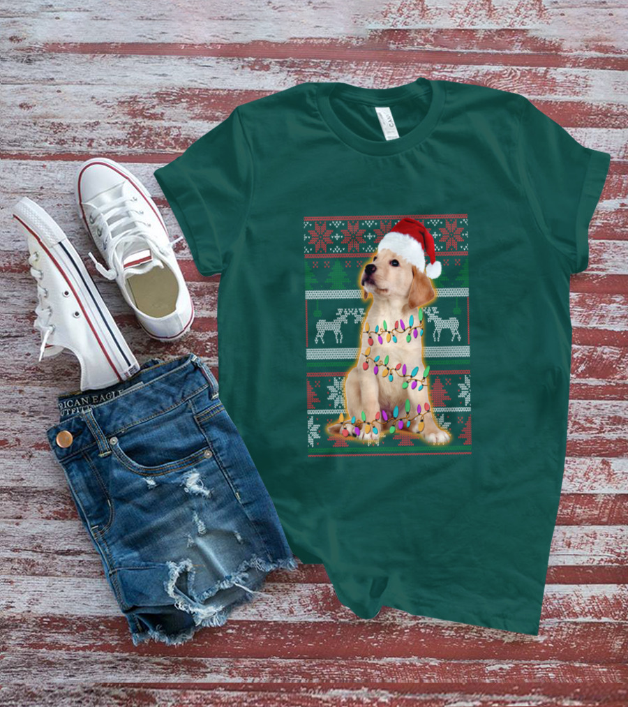 Labrador Retriever Christmas Santa Hat And Holiday Lights T-Shirt