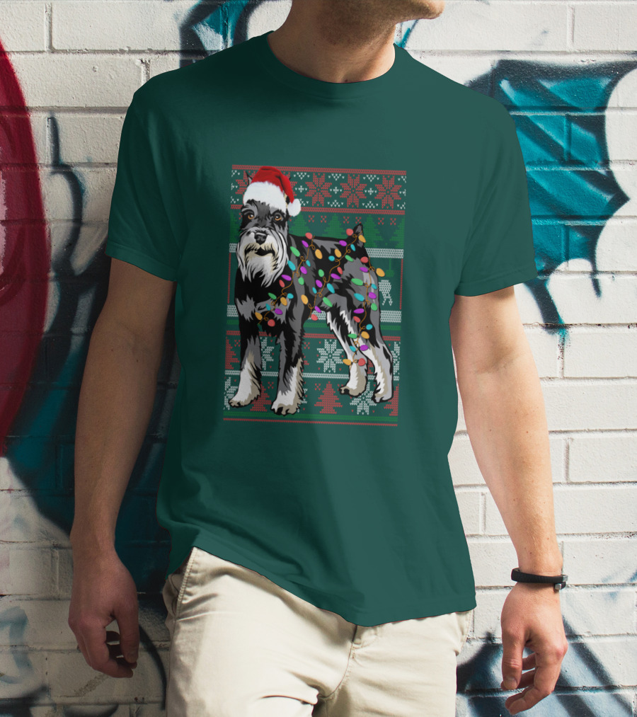 Miniature Schnauzer Christmas Sweater Santa Hat And Holiday Lights T-Shirt