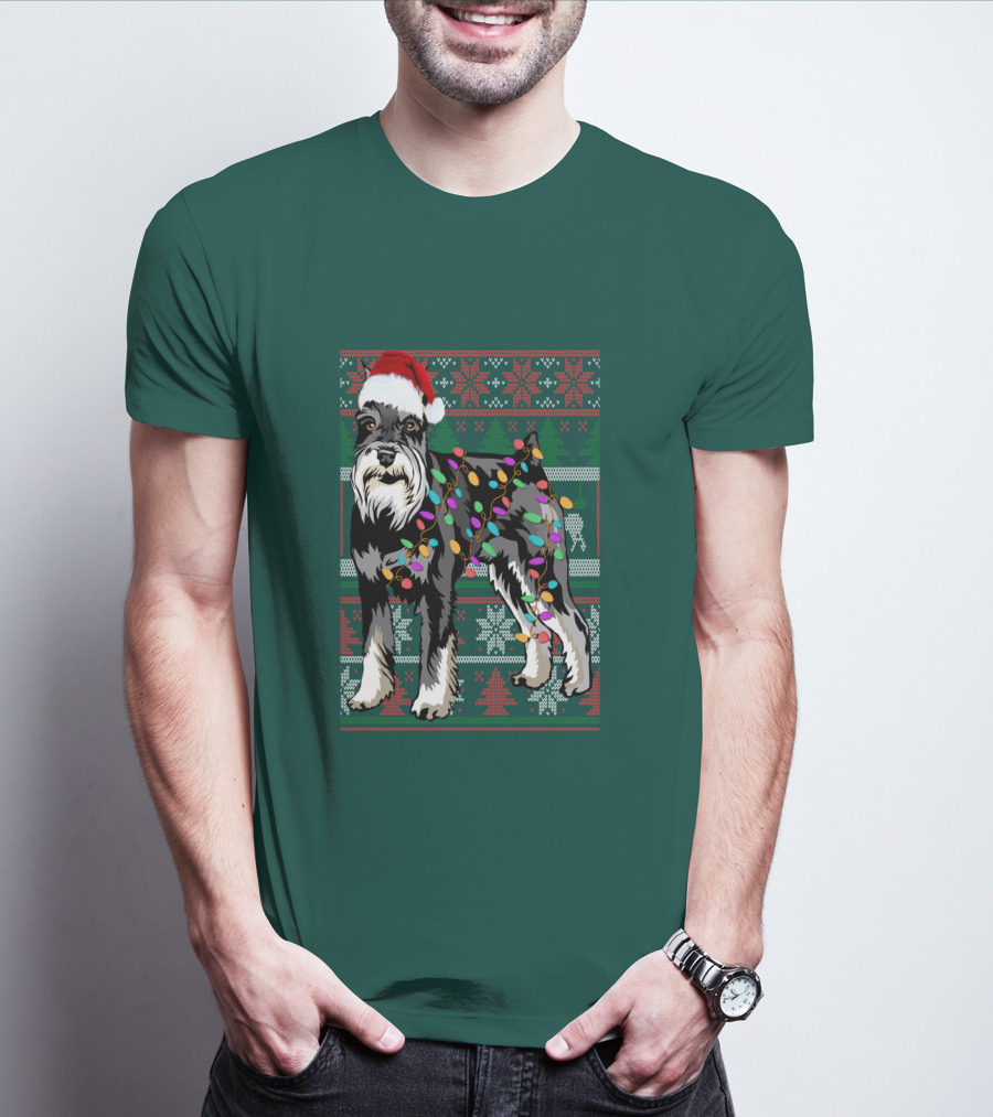 Miniature Schnauzer Christmas Sweater Santa Hat And Holiday Lights T-Shirt