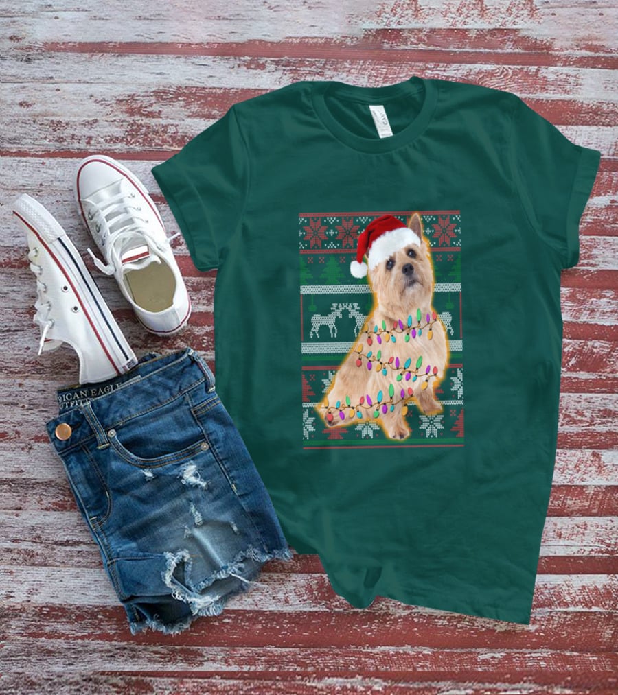 Norfolk Terrier Christmas Lights Sweater Santa Hat T-Shirt