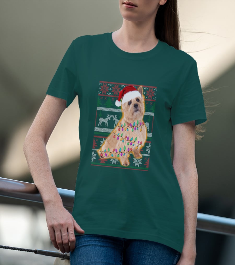 Norfolk Terrier Christmas Lights Sweater Santa Hat T-Shirt