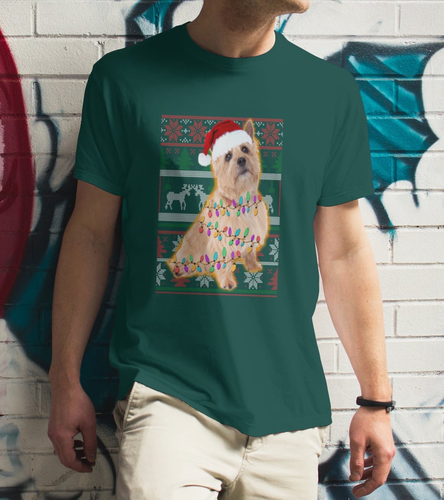 Norfolk Terrier Christmas Lights Sweater Santa Hat T-Shirt