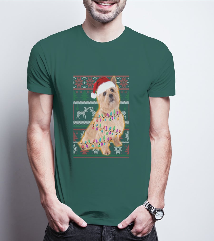 Norfolk Terrier Christmas Lights Sweater Santa Hat T-Shirt