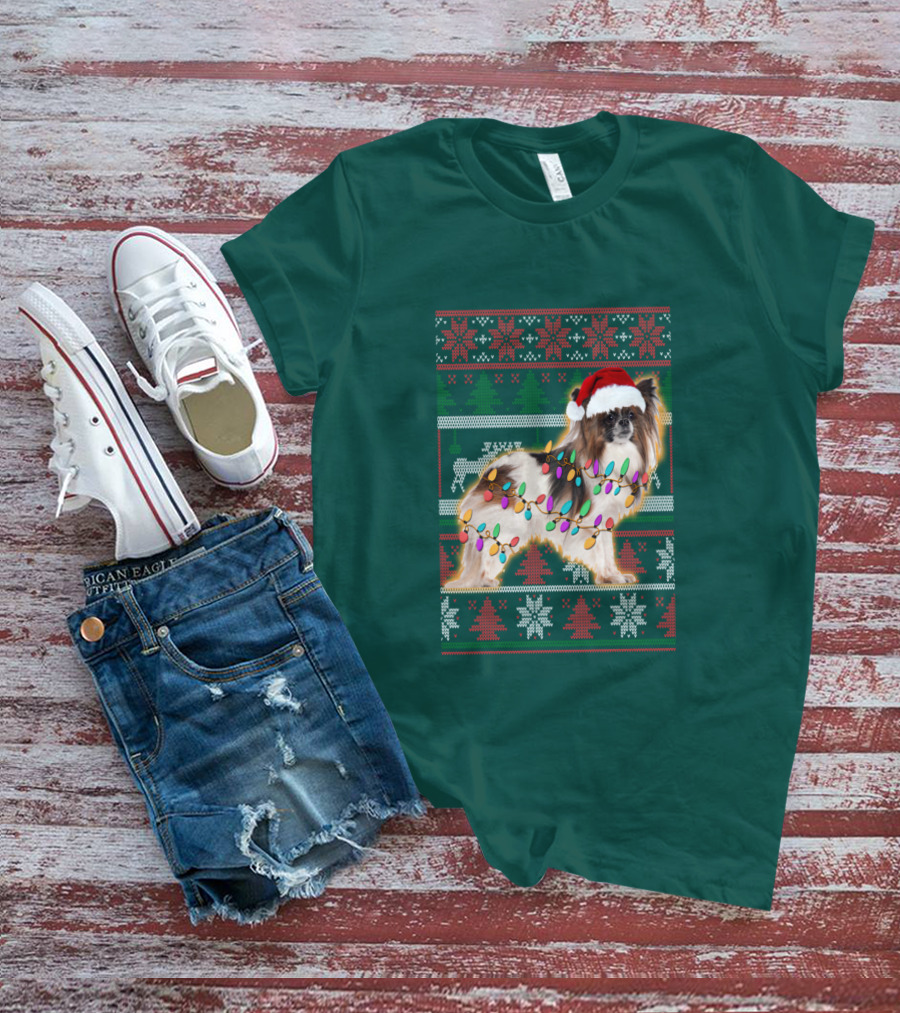 Papillon Dog In Christmas Sweater With Lights And Santa Hat T-Shirt