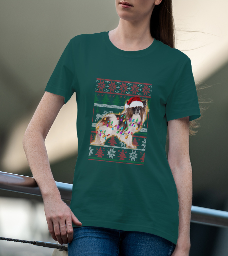 Papillon Dog In Christmas Sweater With Lights And Santa Hat T-Shirt