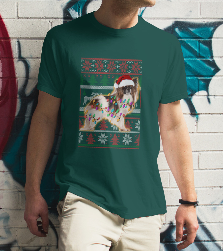 Papillon Dog In Christmas Sweater With Lights And Santa Hat T-Shirt