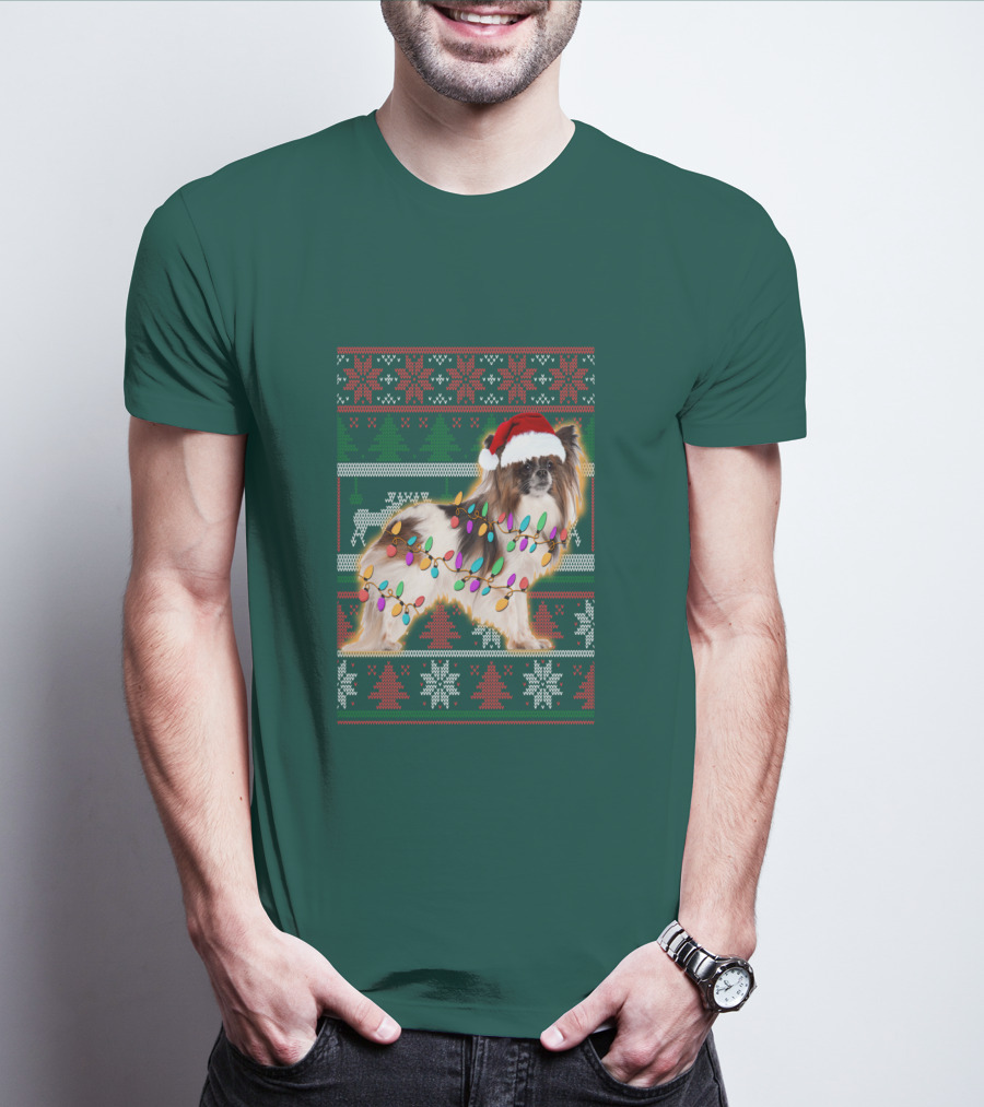 Papillon Dog In Christmas Sweater With Lights And Santa Hat T-Shirt