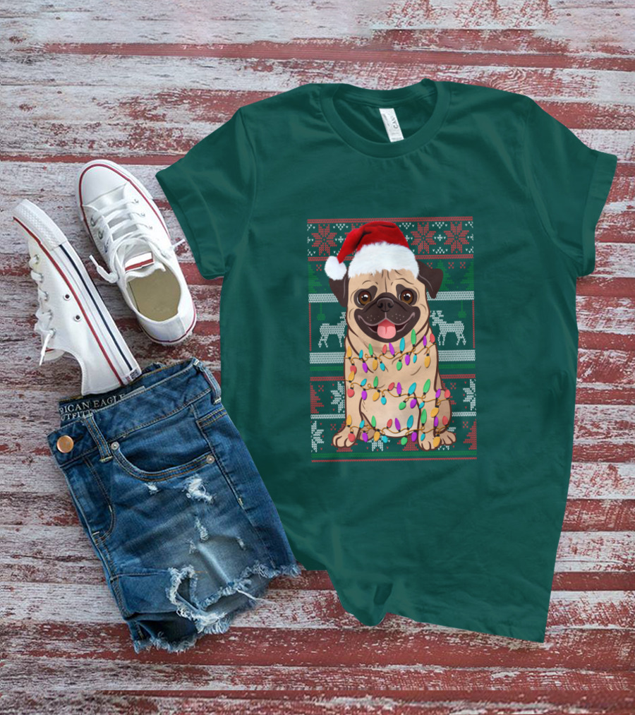 Pug Christmas Santa Hat Holiday Lights Sweater Reindeer T-Shirt