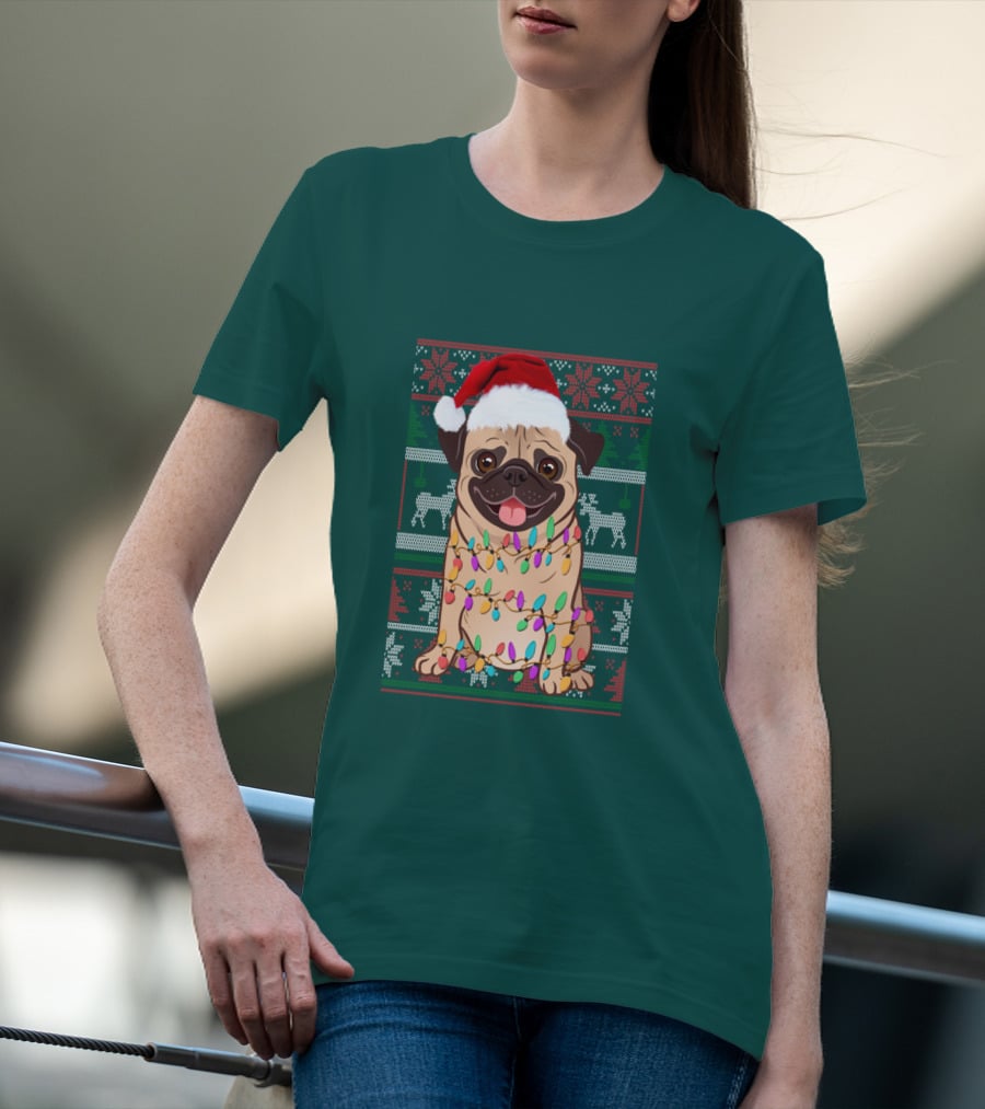Pug Christmas Santa Hat Holiday Lights Sweater Reindeer T-Shirt
