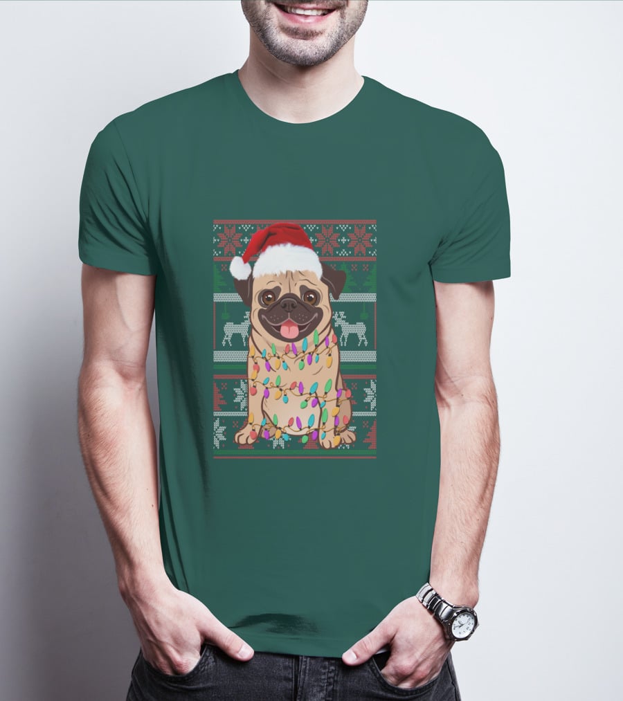Pug Christmas Santa Hat Holiday Lights Sweater Reindeer T-Shirt