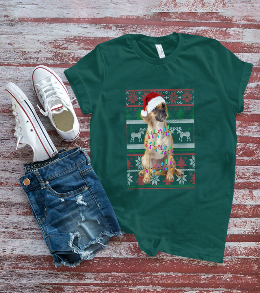 Puggle Christmas Santa Hat With Holiday Lights T-Shirt