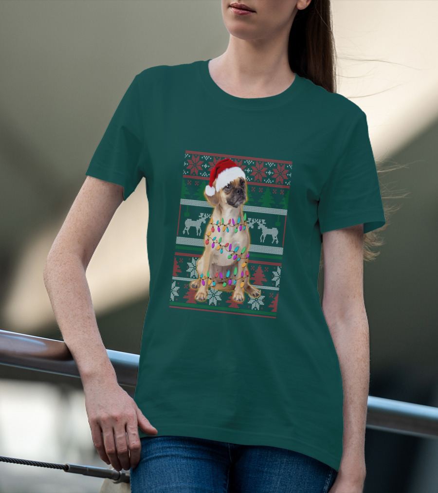 Puggle Christmas Santa Hat With Holiday Lights T-Shirt