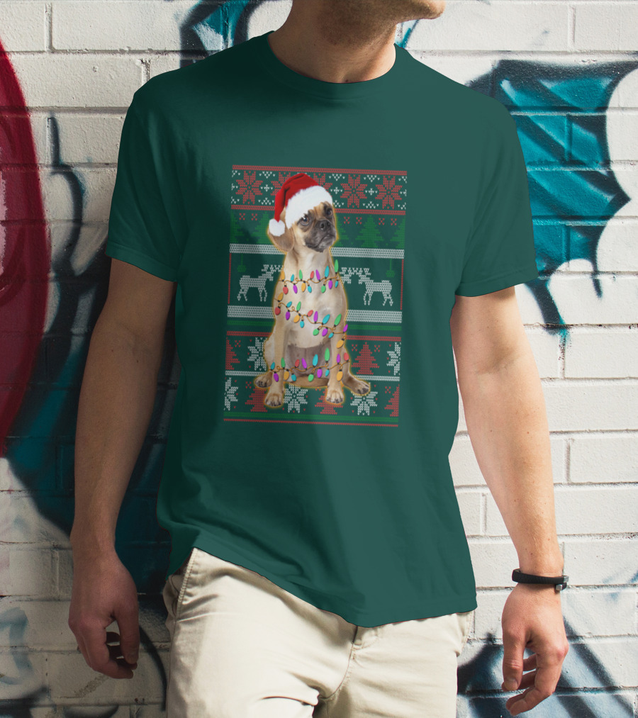 Puggle Christmas Santa Hat With Holiday Lights T-Shirt