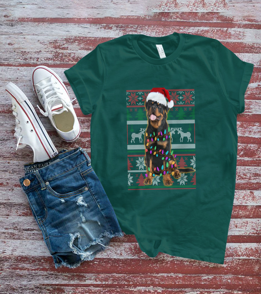 Rottweiler Christmas Lights Ugly Sweater Santa Hat Reindeer Snowflakes T-Shirt