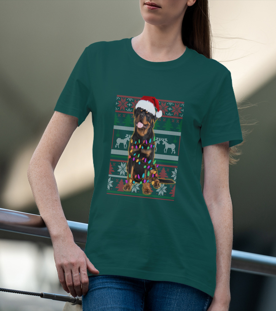 Rottweiler Christmas Lights Ugly Sweater Santa Hat Reindeer Snowflakes T-Shirt