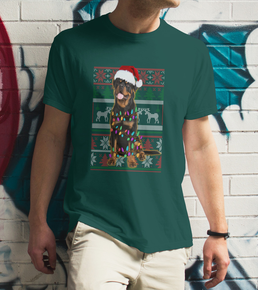 Rottweiler Christmas Lights Ugly Sweater Santa Hat Reindeer Snowflakes T-Shirt