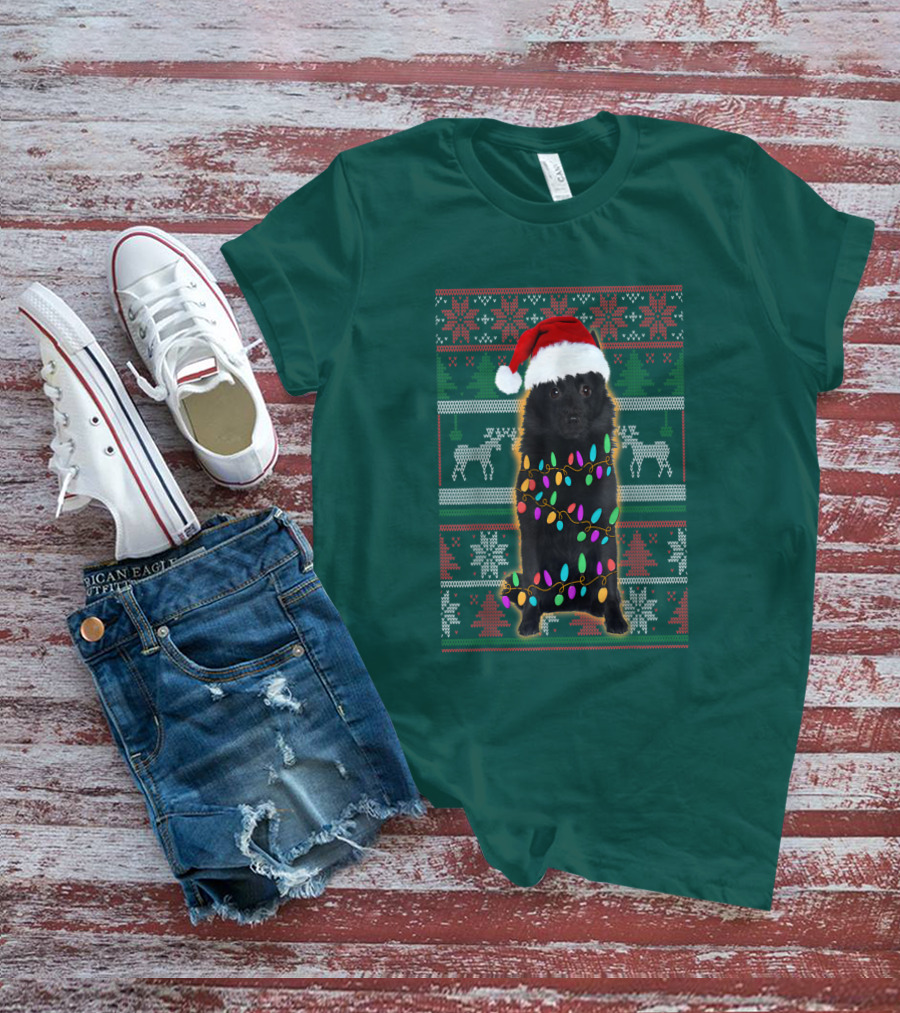 Schipperke Santa Hat Festive Christmas Lights Ugly T-Shirt