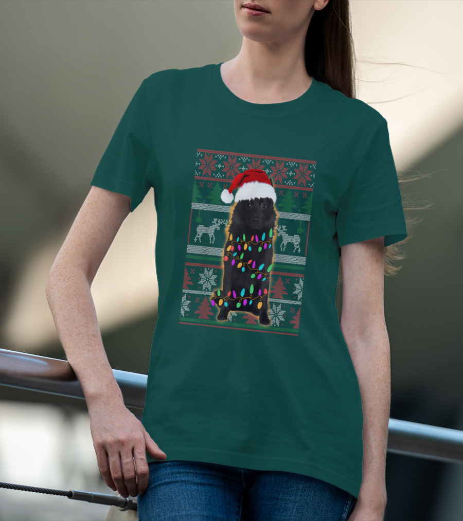 Schipperke Santa Hat Festive Christmas Lights Ugly T-Shirt