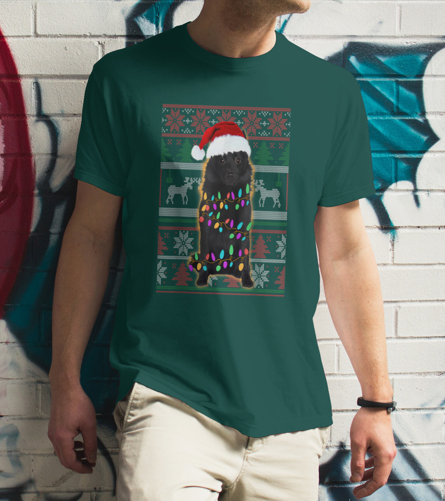 Schipperke Santa Hat Festive Christmas Lights Ugly T-Shirt