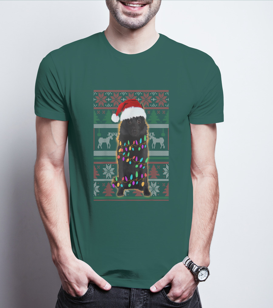 Schipperke Santa Hat Festive Christmas Lights Ugly T-Shirt