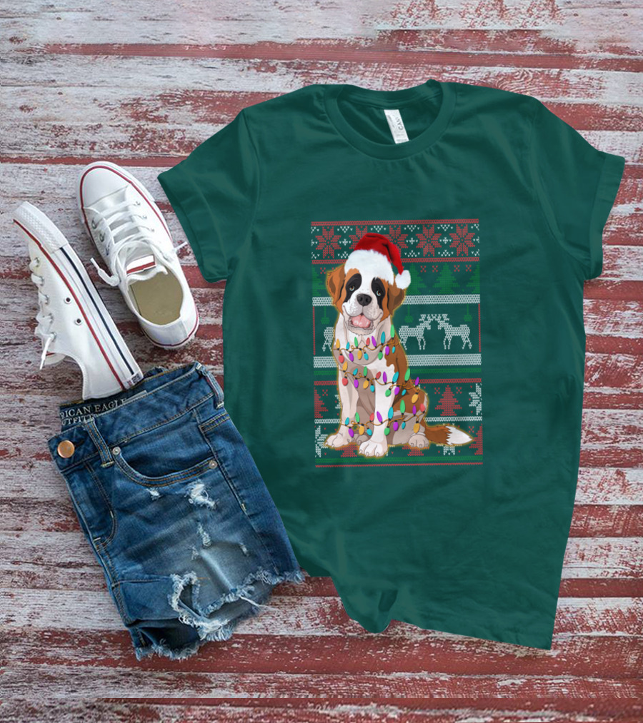St Bernard Christmas Lights Ugly T-Shirt