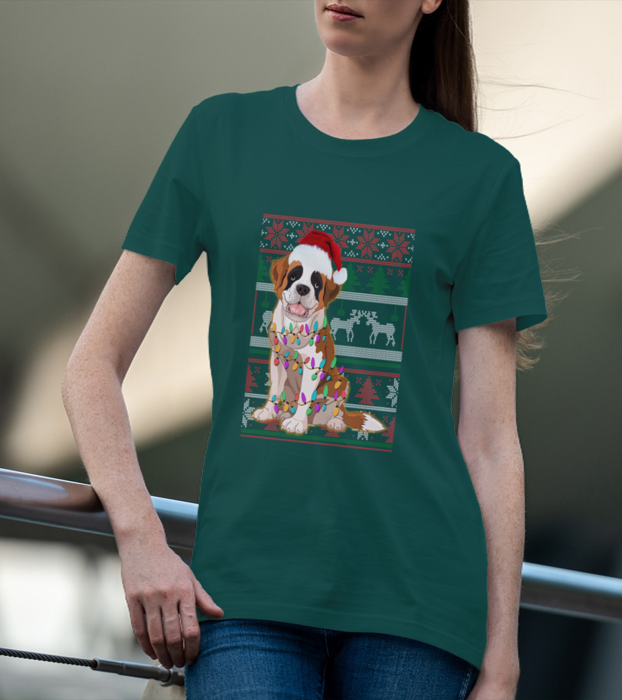 St Bernard Christmas Lights Ugly T-Shirt