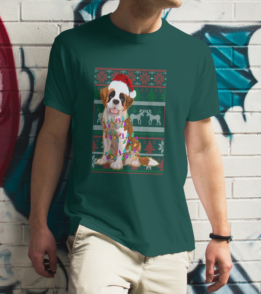 St Bernard Christmas Lights Ugly T-Shirt