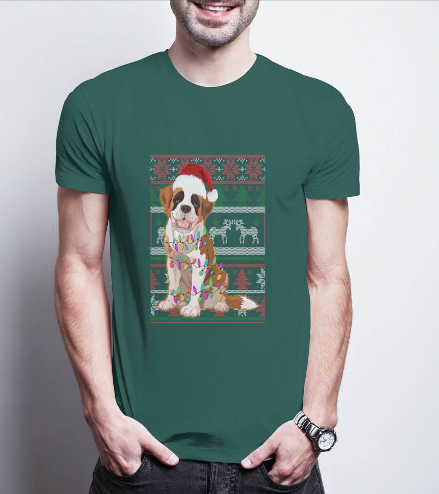 St Bernard Christmas Lights Ugly T-Shirt