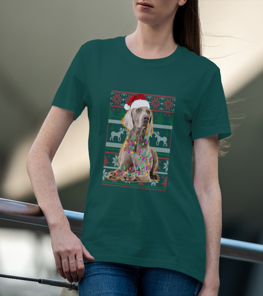 Weimaraner Christmas Lights Santa Hat Holiday T-Shirt