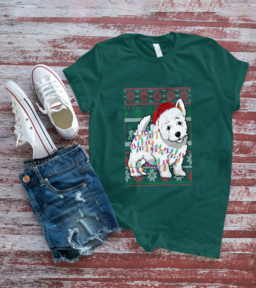 West Highland White Terrier Christmas Lights Ugly Sweater Santa Hat T-Shirt