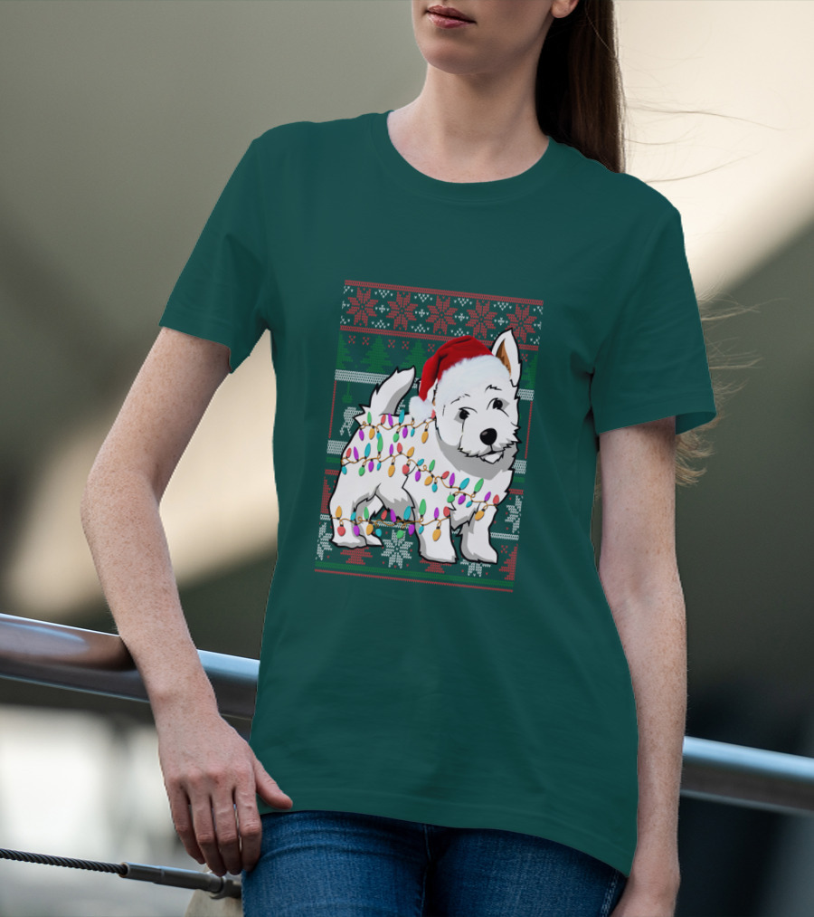 West Highland White Terrier Christmas Lights Ugly Sweater Santa Hat T-Shirt