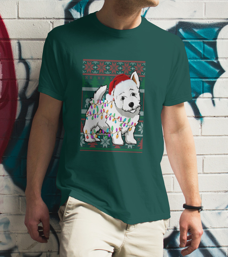West Highland White Terrier Christmas Lights Ugly Sweater Santa Hat T-Shirt