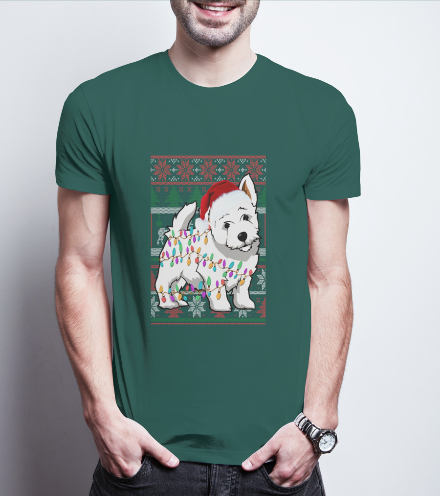 West Highland White Terrier Christmas Lights Ugly Sweater Santa Hat T-Shirt
