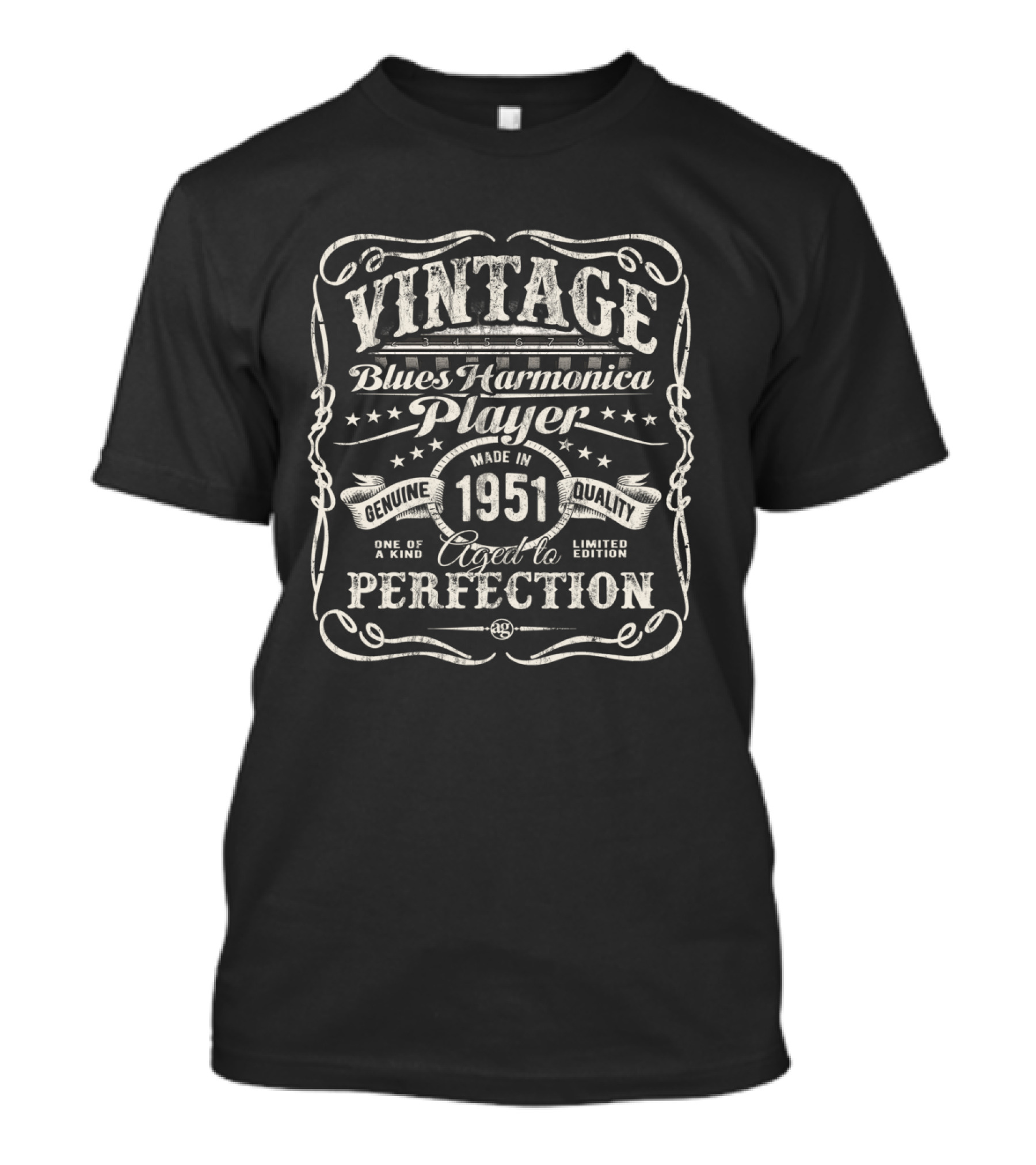 Vintage Blues Harmonica Player Made In 1951 Genuine Quality Aged To Perfection T-Shirt