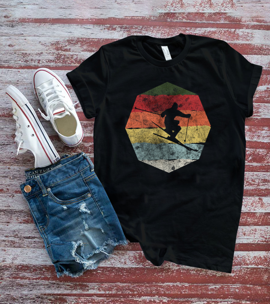 Vintage Winter Skier Birthday Hexagonal Retro Stripes T-Shirt