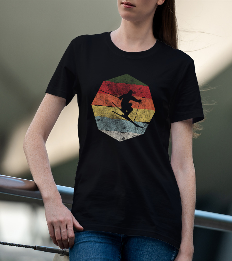 Vintage Winter Skier Birthday Hexagonal Retro Stripes T-Shirt