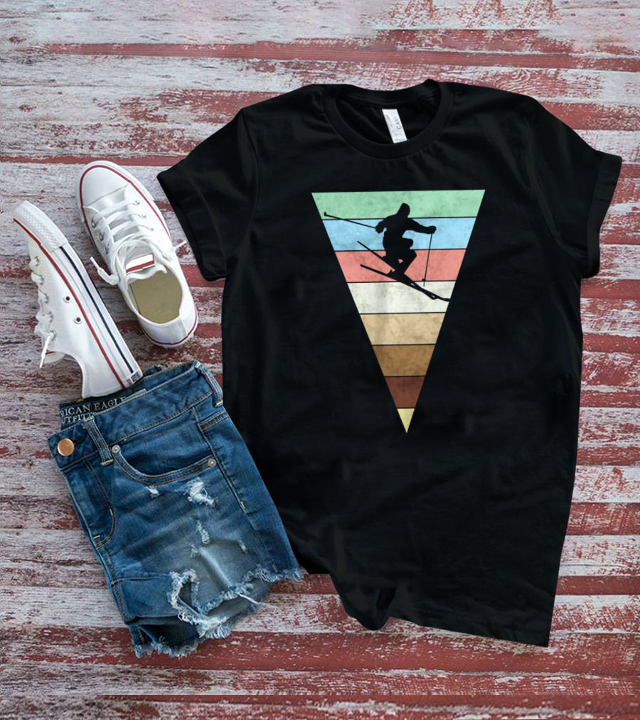 Skiing Vintage Print Silhouette With Retro Stripes For Skiers T-Shirt