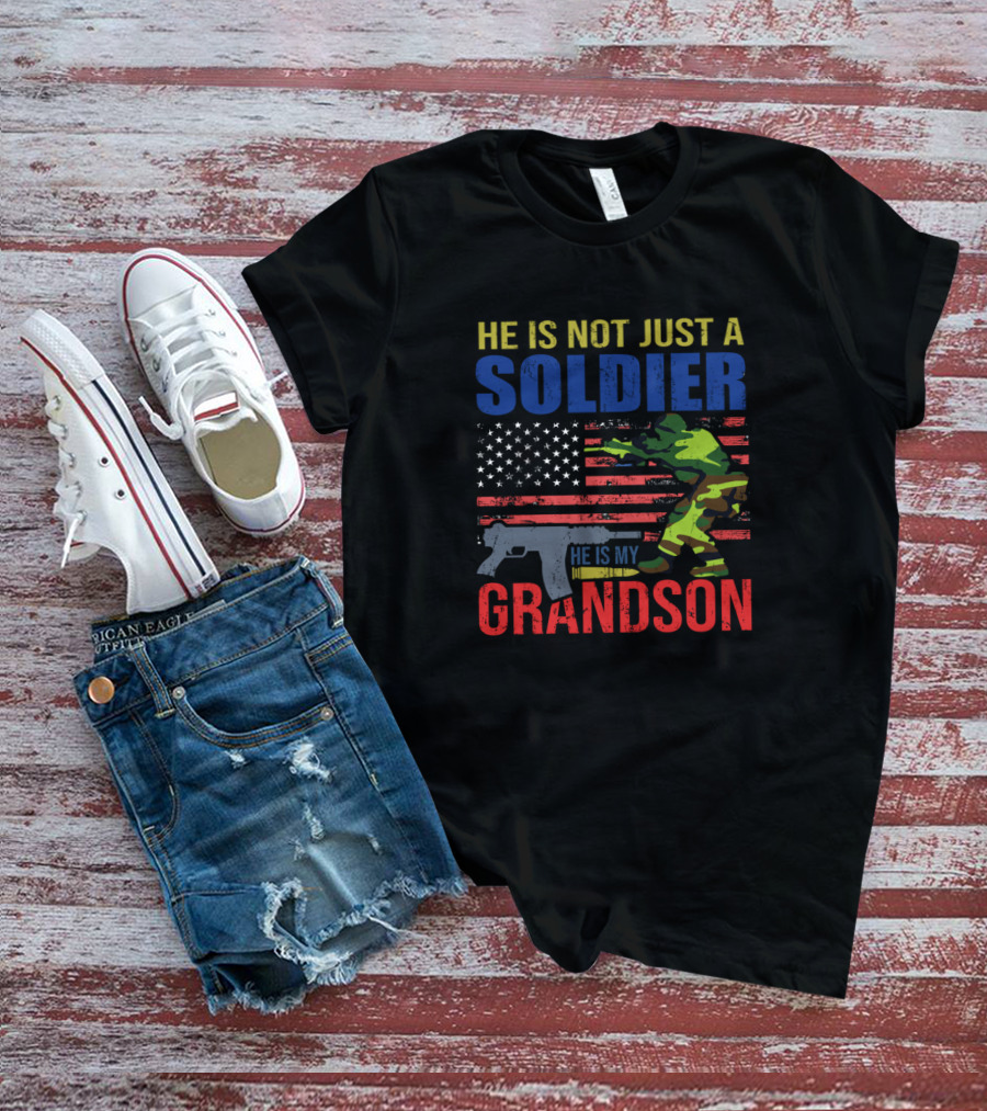 He Is Not Just A Soldier He Is My Grandson American Flag Camouflage T-Shirt