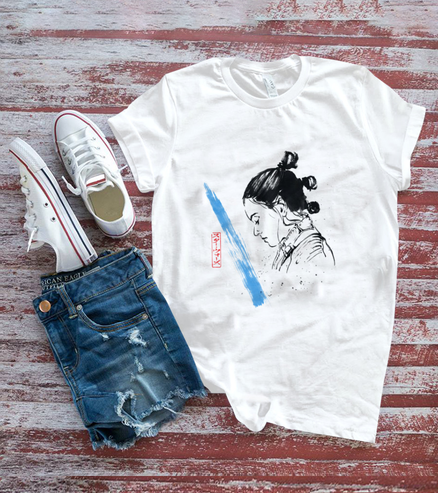 Star Wars The Last Jedi Rey Watercolor Sketch Profile With Blue Brushstroke And Red Kanji Markings T-Shirt
