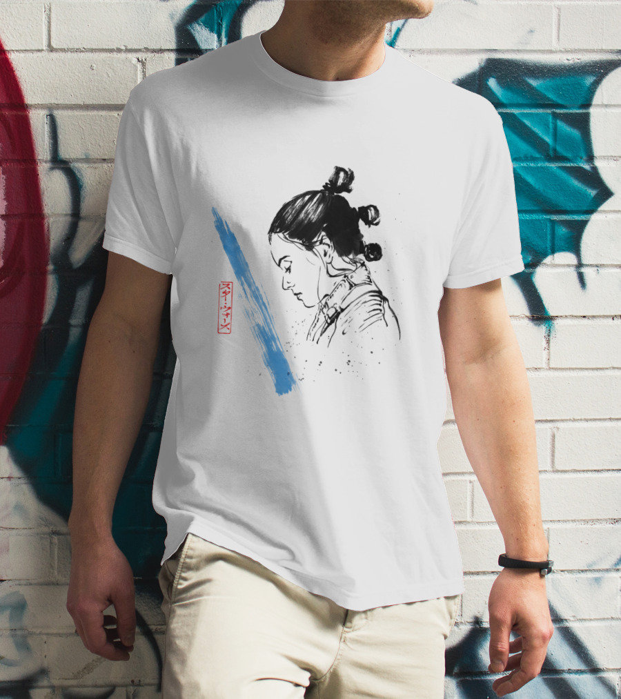 Star Wars The Last Jedi Rey Watercolor Sketch Profile With Blue Brushstroke And Red Kanji Markings T-Shirt