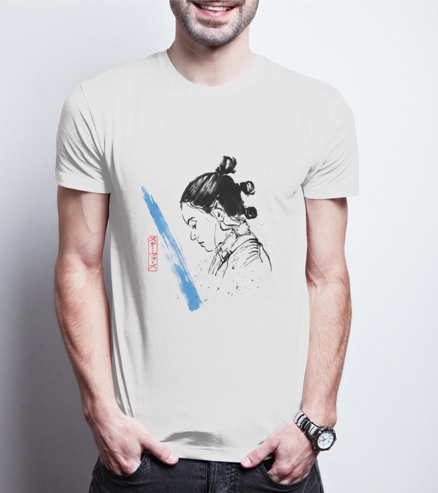 Star Wars The Last Jedi Rey Watercolor Sketch Profile With Blue Brushstroke And Red Kanji Markings T-Shirt