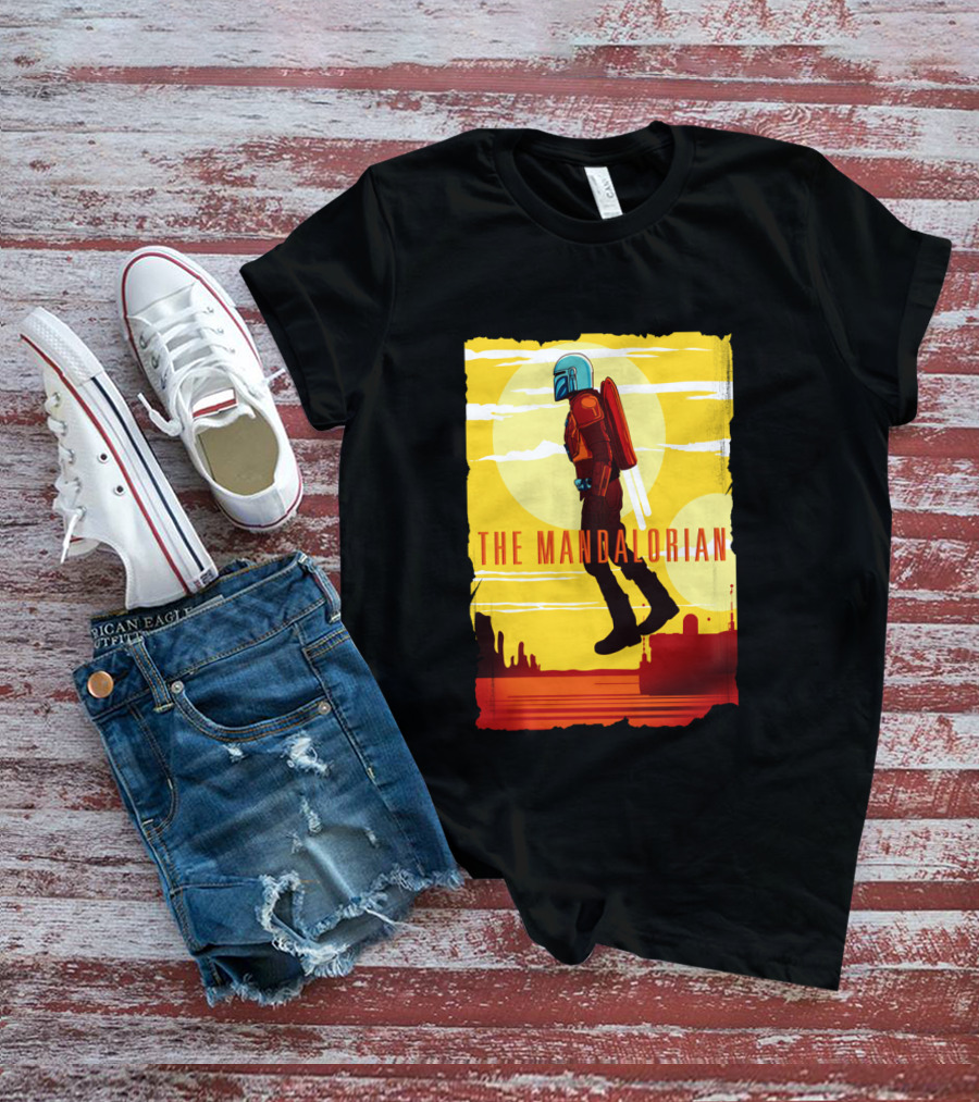 The Mandalorian Jet Pack Floating Scene With Yellow T-Shirt